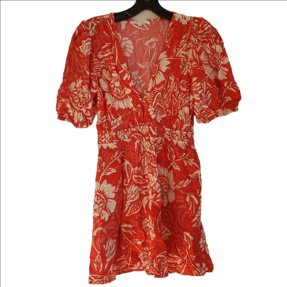 Abel the Label Tropical Red White Mini Dress Puffy Sleeve V Neck W/ Flaw Size S